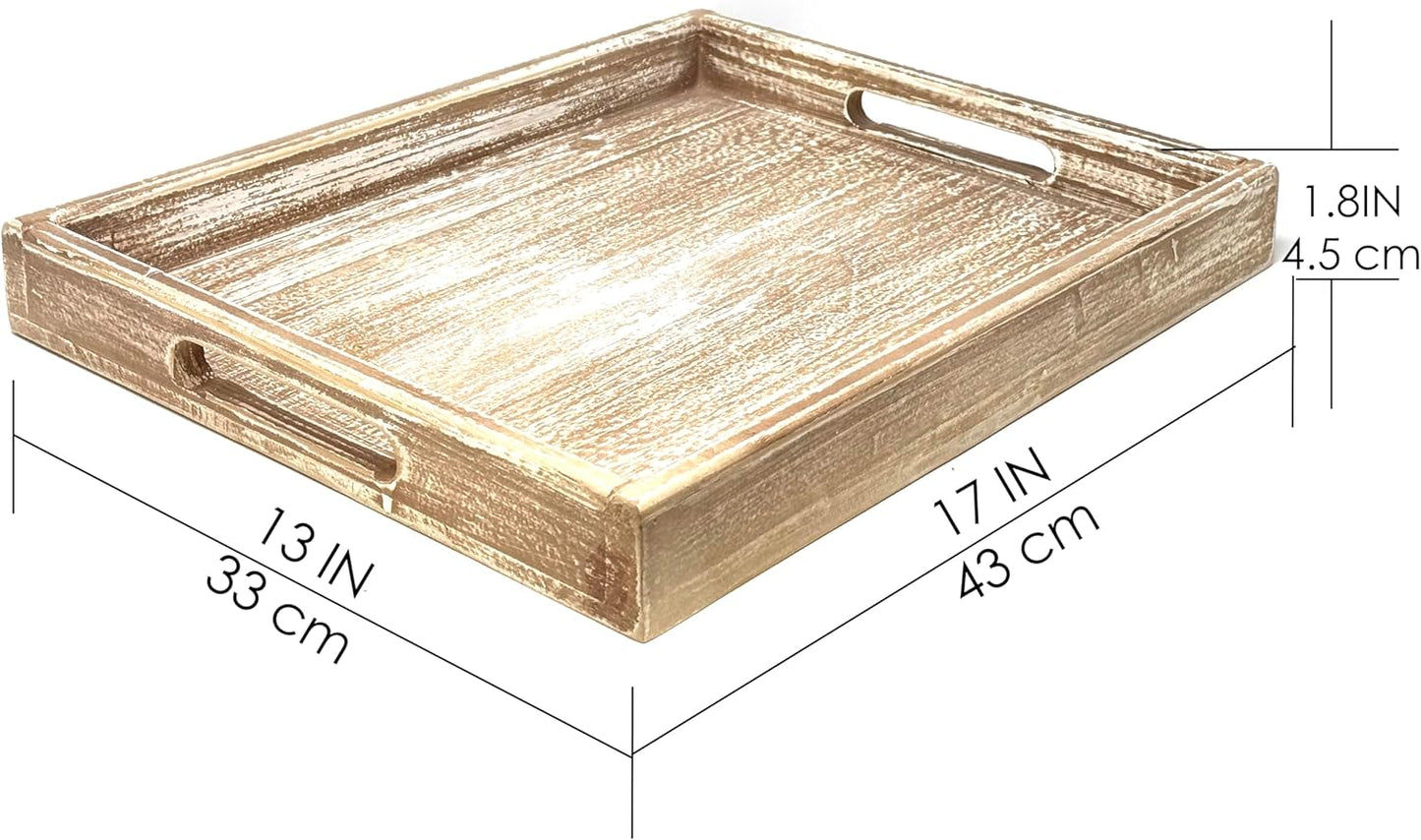 Allgala Wooden Tray - 17"x13"x2" Vintage Beige Rectangle Stylish Rustic Farmhouse Decor Serving Platter