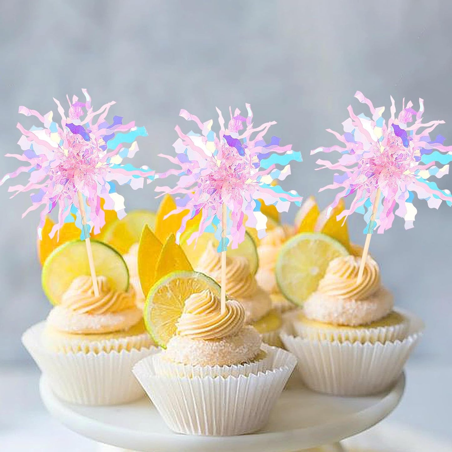 30 PCS Foil Firework Cupcake Toppers Sparkle Tinsel Cupcake Picks Happy Birthday Cake Toppers Drink Stirrers Cocktail Food Fruit Toothpicks for Baby Shower Wedding Party Decorations Supplies Pink