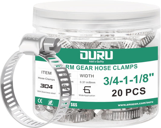 20PCS Hose Clamps Stainless Steel Adjustable 3/4"–1-1/8"(19-29mm) Worm Gear Hose Clamp, Heavy Duty Metal Small Hose Clamps for Automotive, Pipe, Radiator Plumbing, Fuel Line
