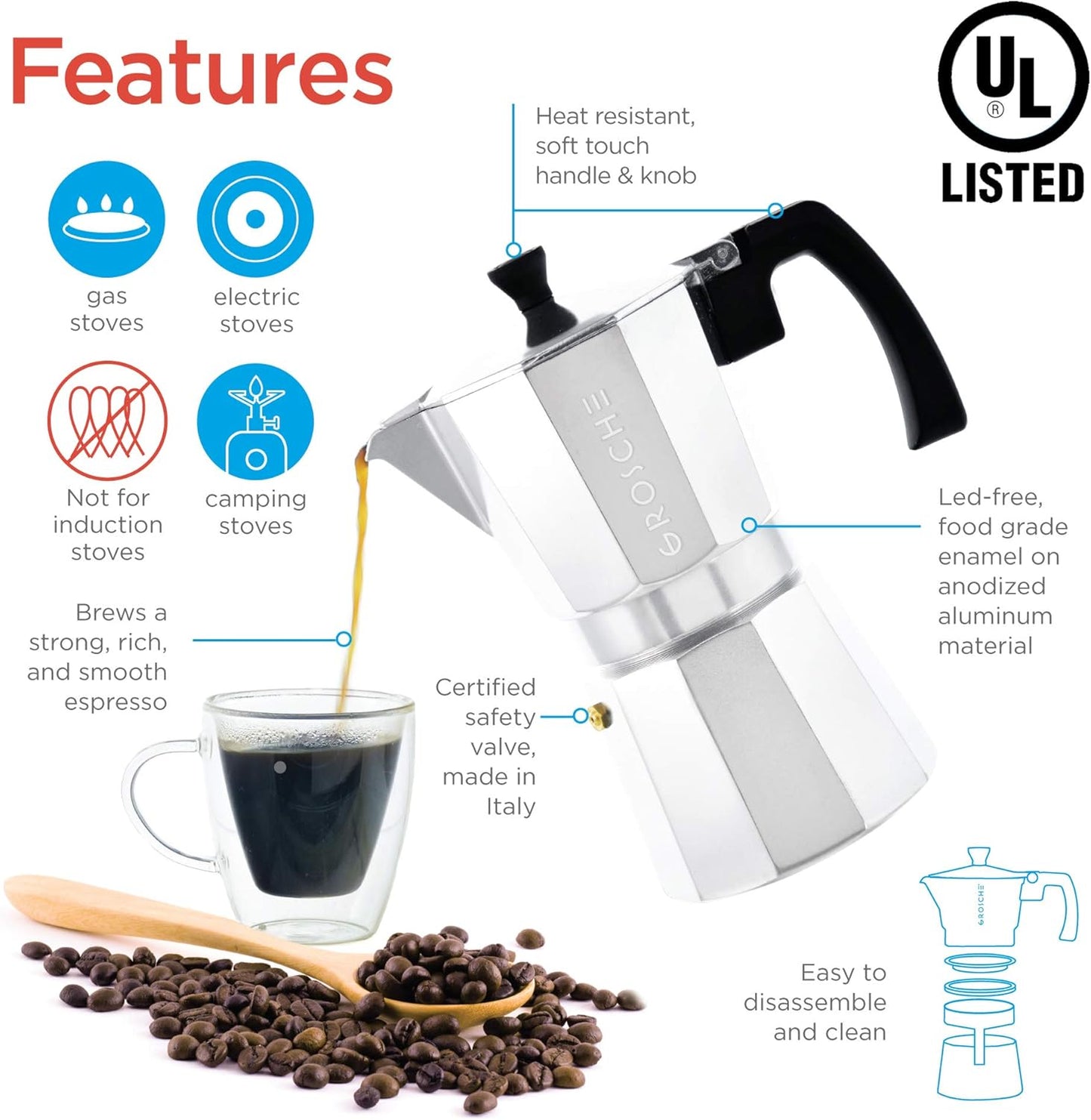 GROSCHE Milano Stovetop Espresso Maker Moka Pot 6 espresso Cup - 9.3 oz, Silver - Cuban Coffee Maker Stove top coffee maker Moka Italian espresso greca coffee maker brewer percolator