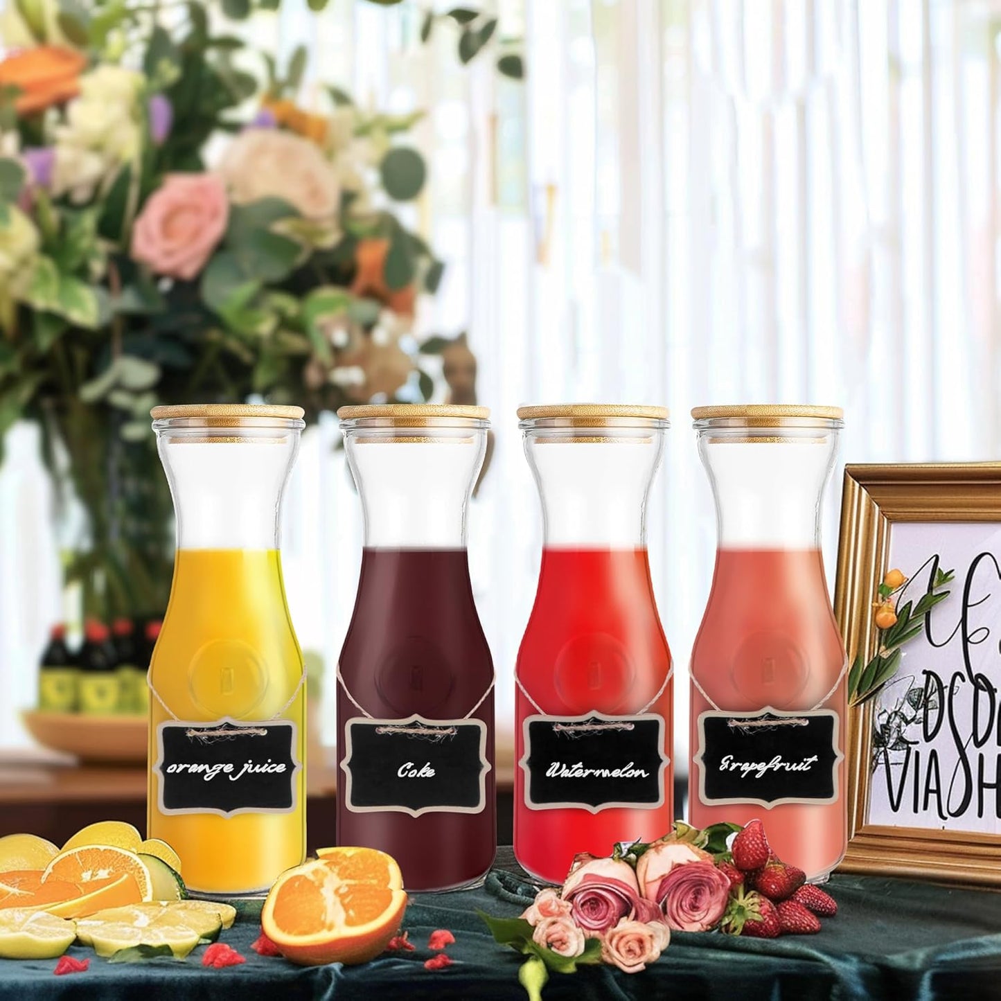 Glass Carafe with Bamboo Lid,35 Oz Beverage Dispensers Carafe,Mimosa Bar Supplies,Juice Bottles, Clear Glass Pitcher with Name Labels for Iced Tea,Coffee,Juice(Pack of 2)