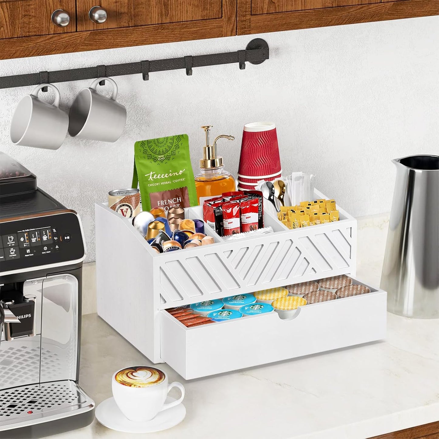 Farmhouse Wooden Coffee Bar Organizer - Countertop Station With Drawer, Pods Holder & Storage Basket