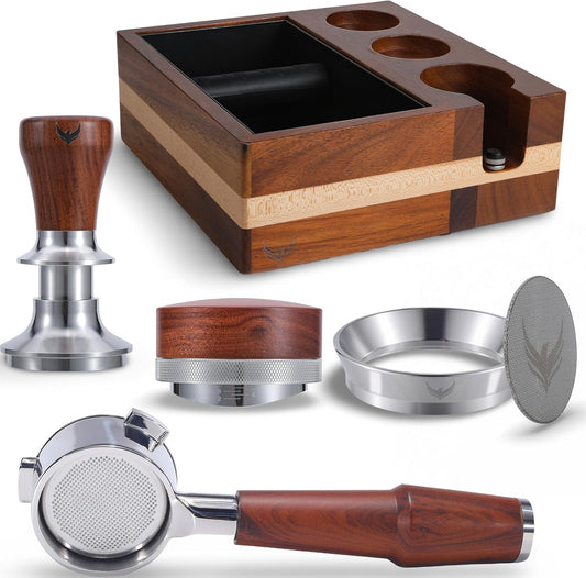 54mm Breville Espresso Accessories Kit 6 pcs 54mm Bottomless Portafilter, Spring Loaded Tamper, Coffee Distributor, Dosing Funnel,Puck Screen and Espresso Station Organizer Knock Box