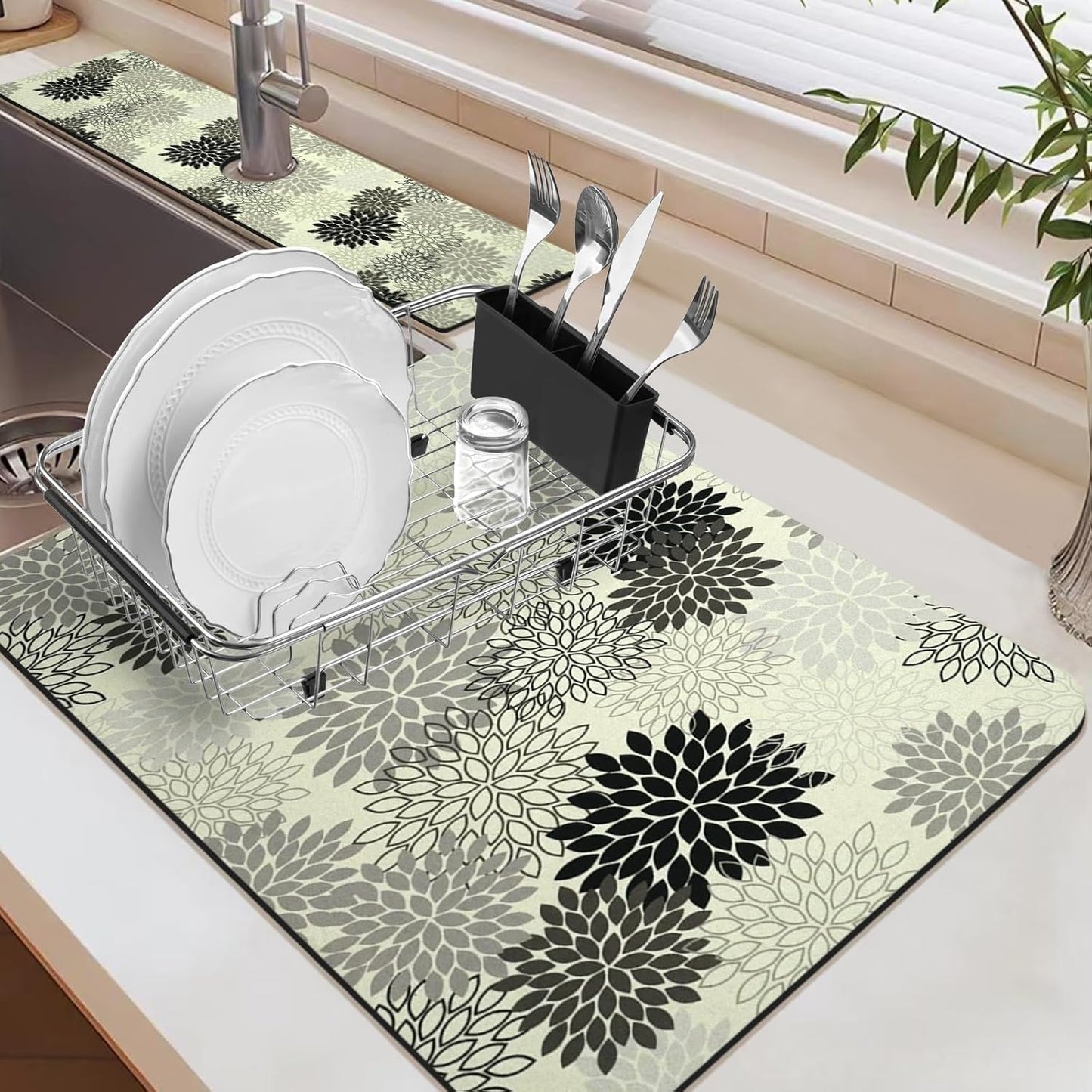 24.5" x 15.5" Dish Drying Mat & 24" x 5.5" Sink Splash Guard, Super Absorbent Drainer Rack Mat for Kitchen Counter Coffee Bar