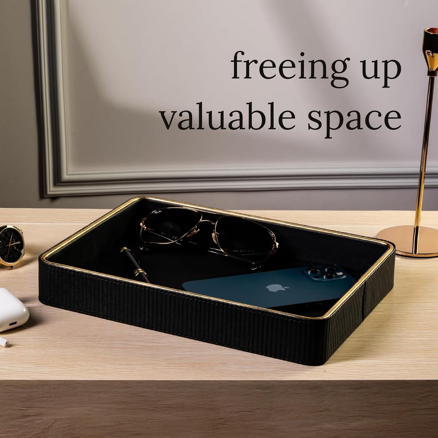 Black Leather Valet Tray for Men| Mens Valet Catch All Trays| Bedside Organizer for Nightstand| Cologne Tray for Men| Desk Trays