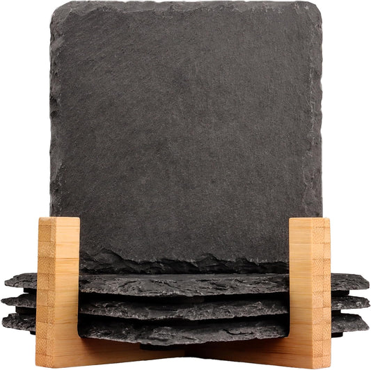Black Natural Stone Coasters Set of 4, Sleek Minimalist Square Drink Coasters with Natural Edge, Durable Anti-Scratch Table Décor for Home, Kitchen, Bar & Office, Protects Wood & Glass Surfaces