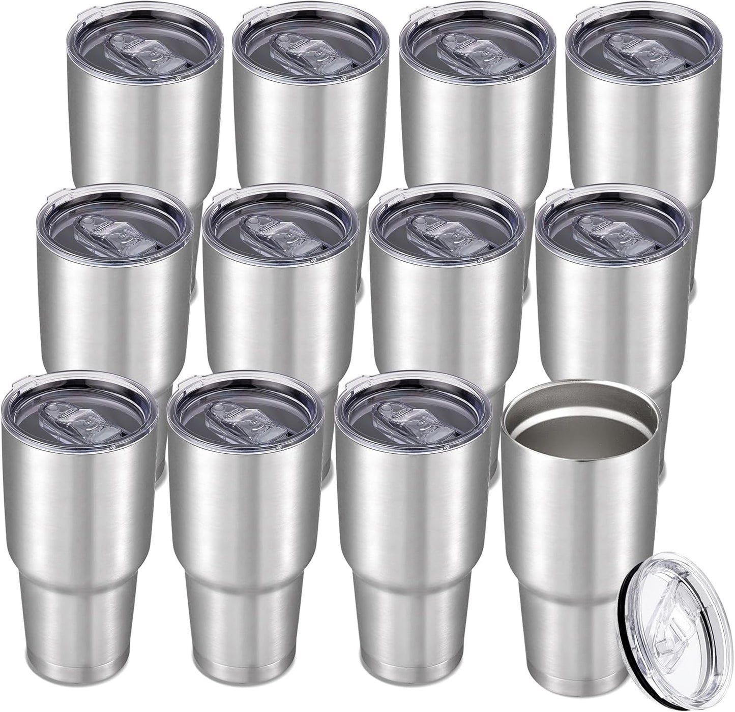 30 oz Tumbler with Lid Stainless Steel Tumblers Bulk Vacuum Insulated Cup Reusable Powder Coated Travel Mug Double Wall Leak Proof Cups Keep Cold Drinks for 12 Hours Stainless, Set of 12