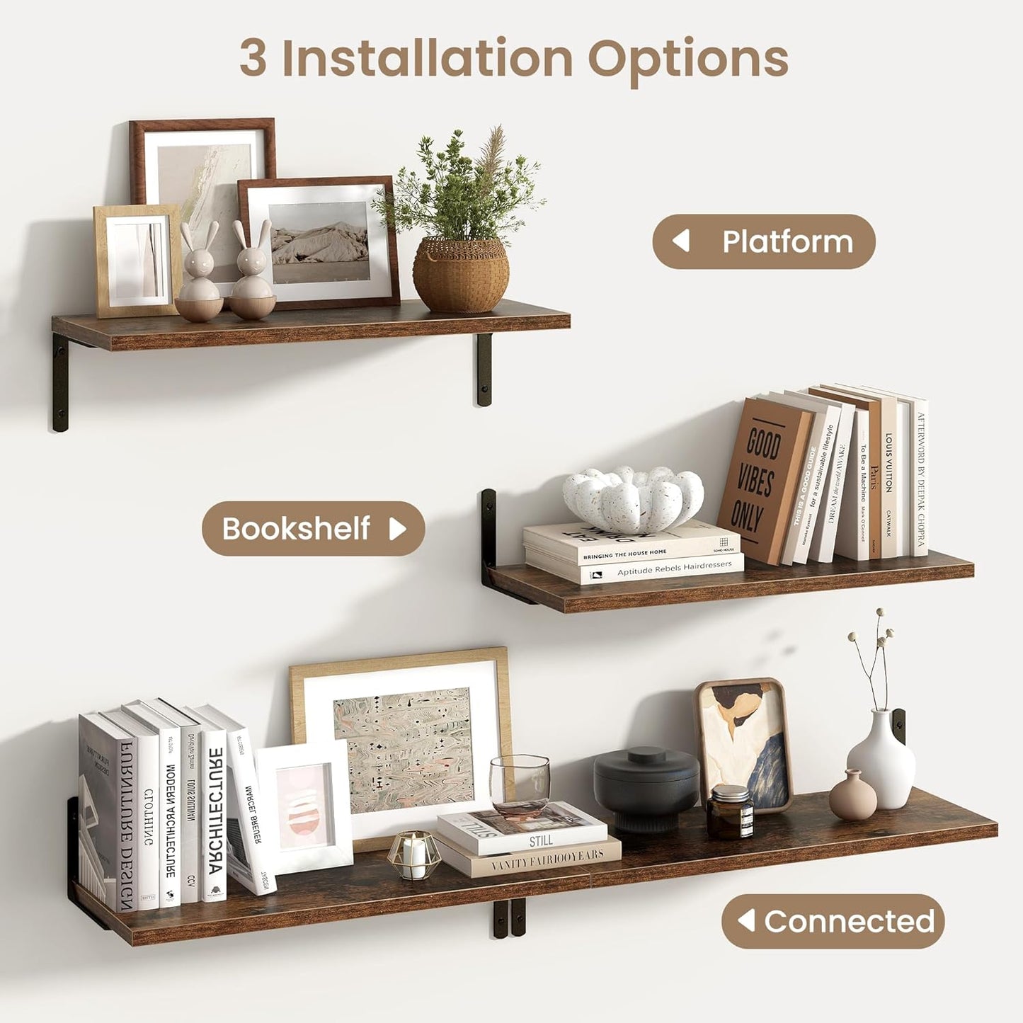 Fun Memories Deep Floating Shelves, 24W x 8D Floating Shelves Set of 2, Wall Mounted Shelf with Metal Brackets, Rustic Wood Wall Shelf for Bathroom, Kitchen and Living Room, Rustic Brown