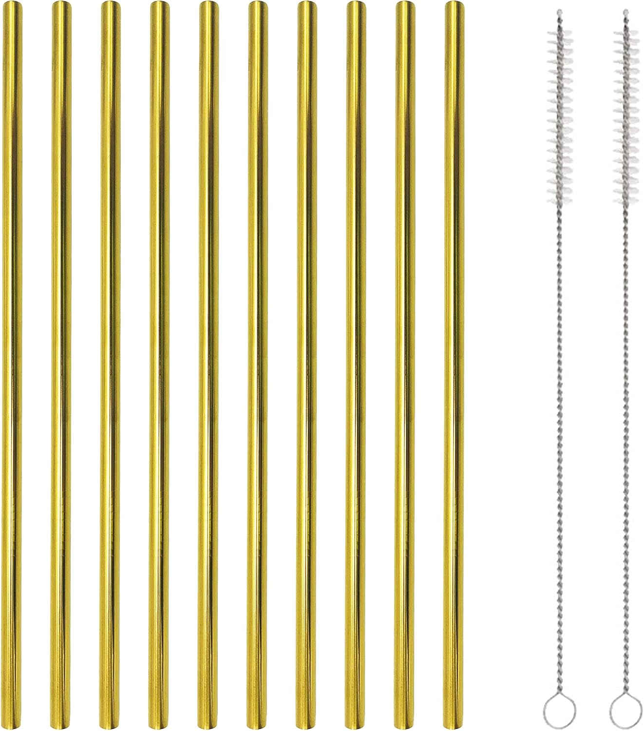 10 Pcs Stainless Steel Straws, Reusable Drinking Straws, Straight Metal Straw Sets with 2 Pcs Cleaning Brushes (10.5 Inch, Gold)