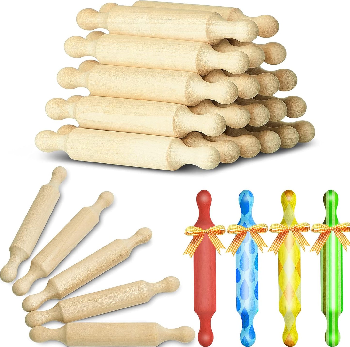 Suclain 20 Pcs Wooden Mini Rolling Pin Long Kitchen Baking Small Dough Rolling Pin for Children Fondant Pastry Pizza Crafting and Imaginative Play for Halloween and Christmas Presents (6 Inches)