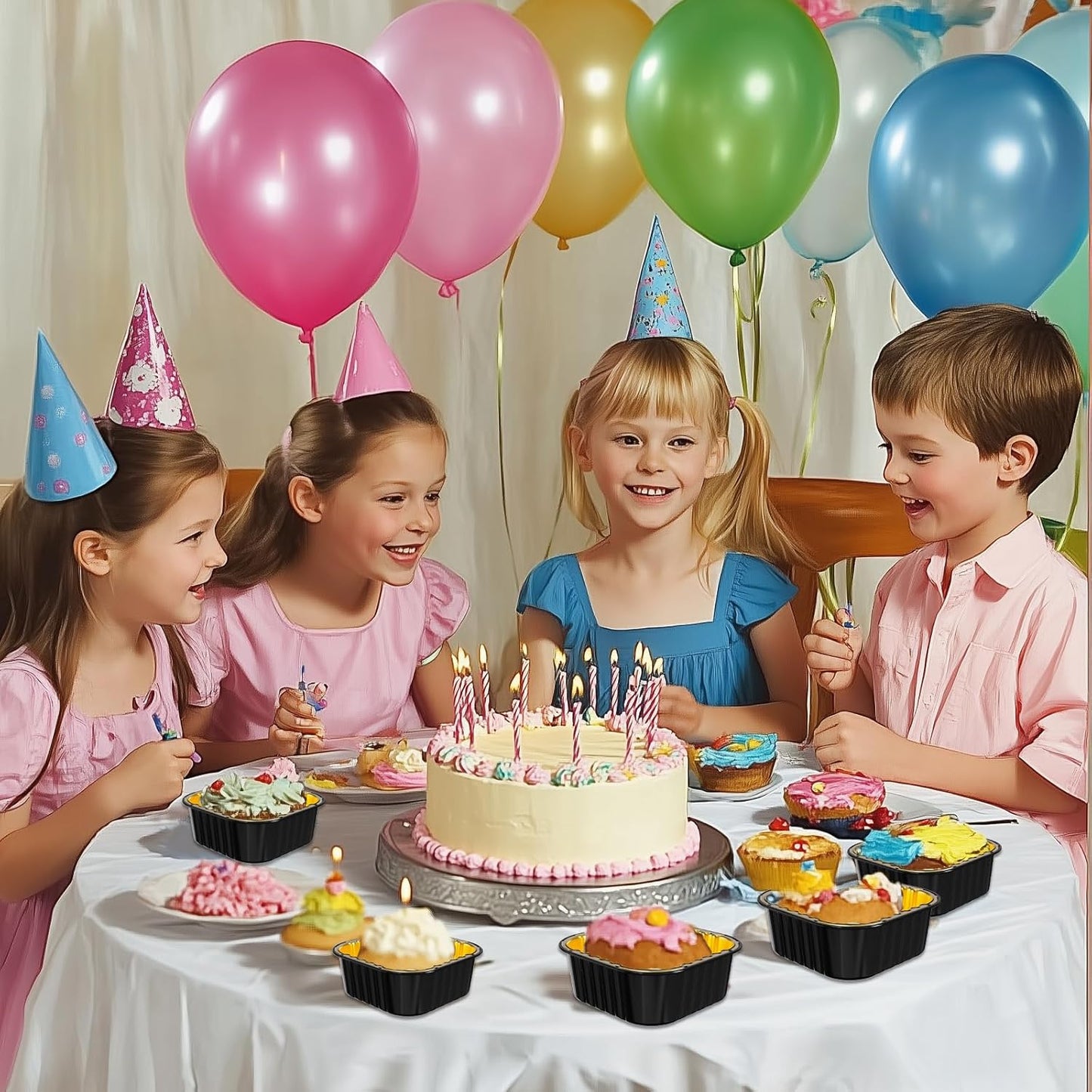 50 Pack Square Mini Cake Pans with Lids,Mini Loaf Pans with Lids,Aluminum Foil Baking Cups,Disposable Ramekins Cupcake Cups,Dessert Cups for Wedding Birthday Party,5oz (Black&Gold)