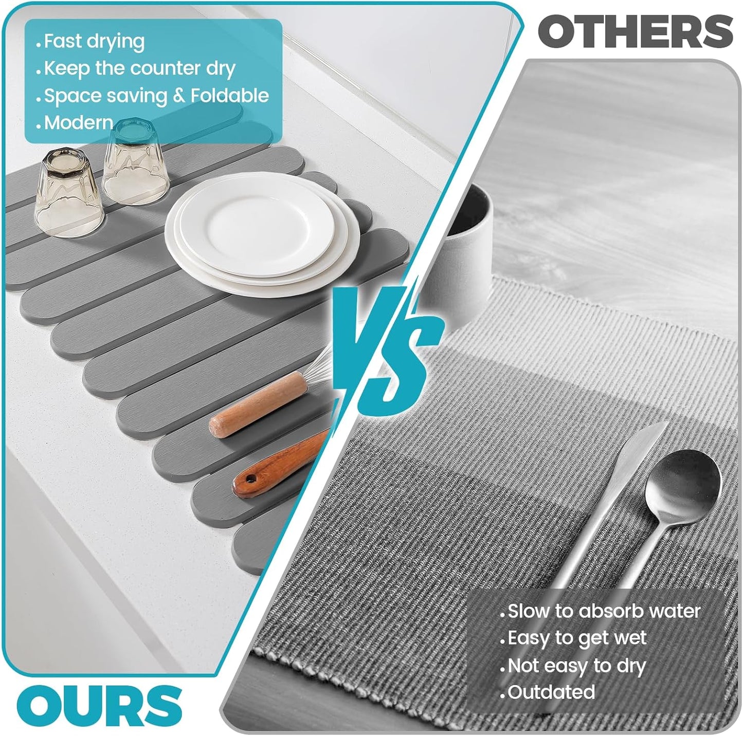 Extral Large Quick Dry Stone Drying Mat for Kitchen Counter,24"(L)x16"(W) Collapsible Eco-Friendly Absorbent Diatomaceous Earth Mat for Dishes Cups,Dish Drying Mats (Medium gray-Ellipse, 24x16 inch)