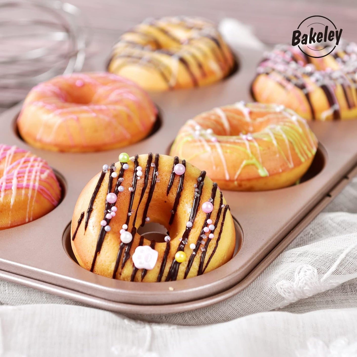 Donut Pan Cake Mold, 6-Cavity Non-Stick Ring Doughnut Bakeware for Oven Baking (Champagne Gold)