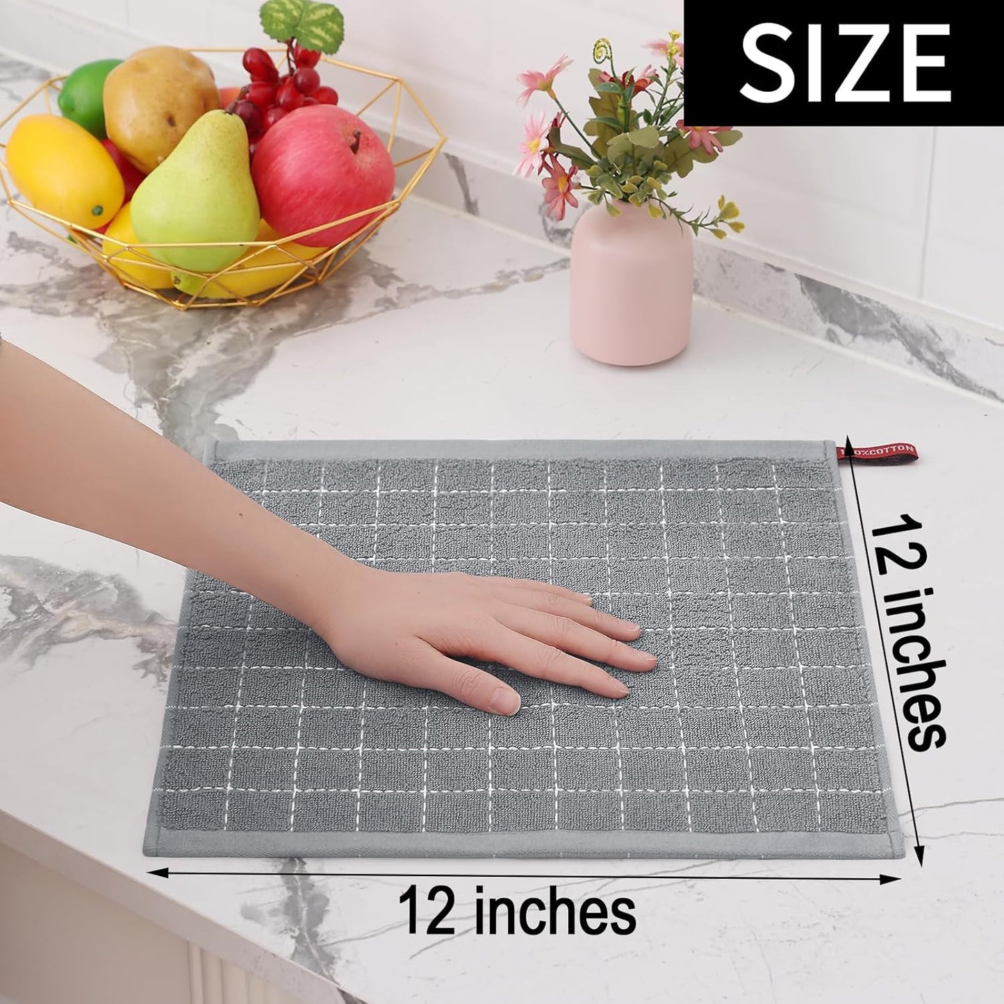 Homaxy 100% Cotton Terry Kitchen Dish Cloths, Ultra Soft and Absorbent Dish Towels for Kitchen, Suitable for Drying and Washing Dishes, 12 Pack, 12 x 12 Inches, Grey