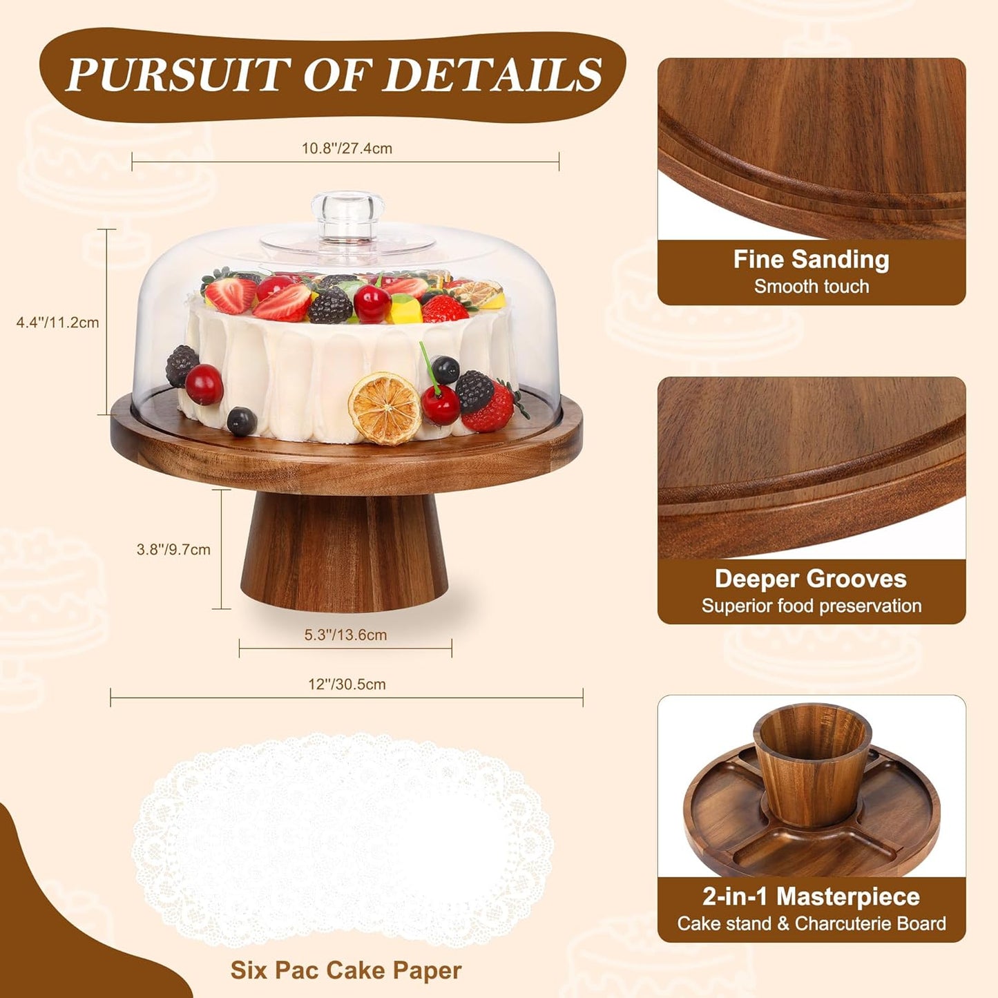Bellsal Acacia Wood Cake Stand with Lid - 12in Round Cake Holder, 2-in-1 Dessert Table Display Set & Charcuterie Board for Cheese, Chips & Dips, Nachos, Fruit Platter, Large Acrylic Cake Dome Cover