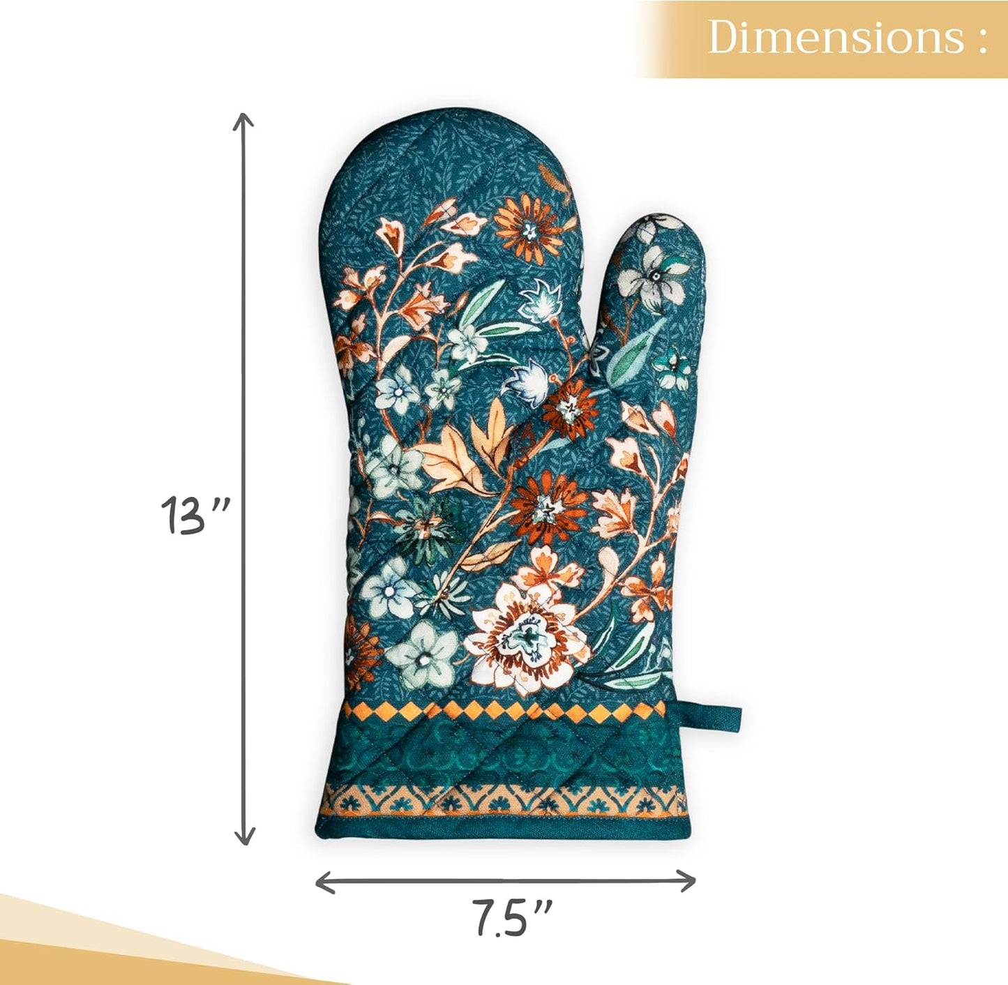 Maison d' Hermine Oven Gloves 100% Cotton Oven Mitt 7" x 13" with Loop Heat Resistant, BBQ, Cooking Gloves, Baking, Grilling, Kitchen, Handling Hot Pans (Pack of 1, Luxury Loft-Dark Teal)