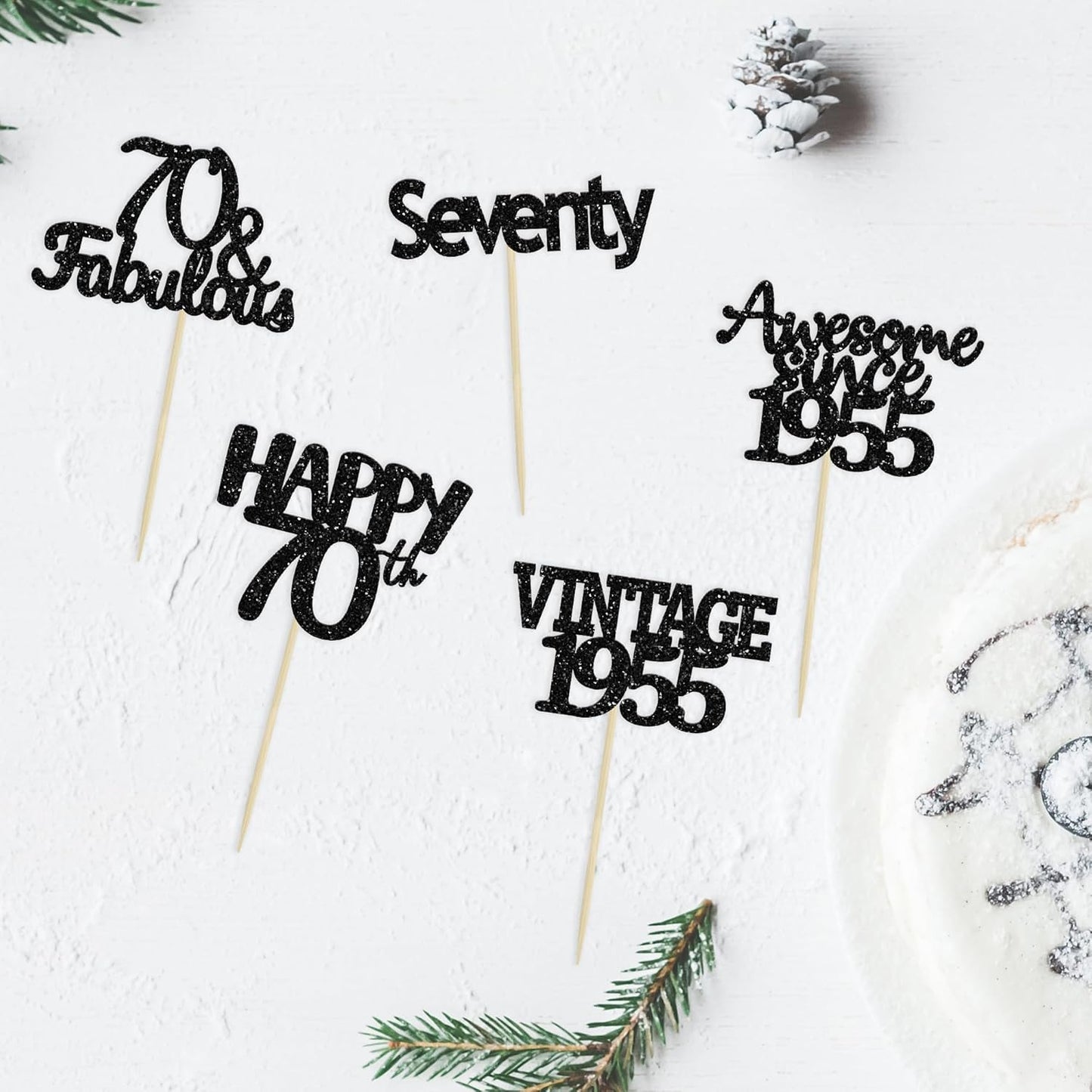 Gyufise 30Pcs 70th Birthday Cupcake Toppers Vintage 1955 Seventy Cake Decorations Cheers to 70 Fabulous Seventy Cupcake Picks 70th Birthday Wedding Anniversary Party Cake Decorations Supplies Black