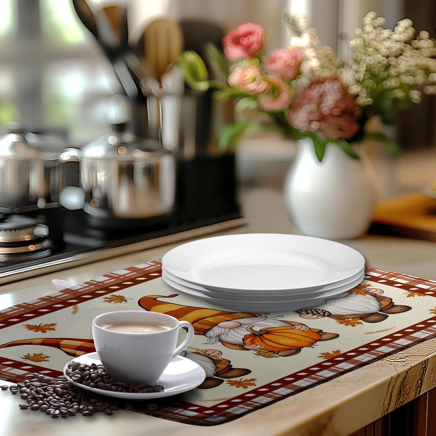 Fall Pumpkin Gnomes Dish Drying Mat Maple Leaves Autumn Large Kitchen Mats Dish Drying Pad Absorbent Dish Dryer Mat for Kitchen Countertops Microfiber Drainer Pad Dish Drying Mats (18x24 in)