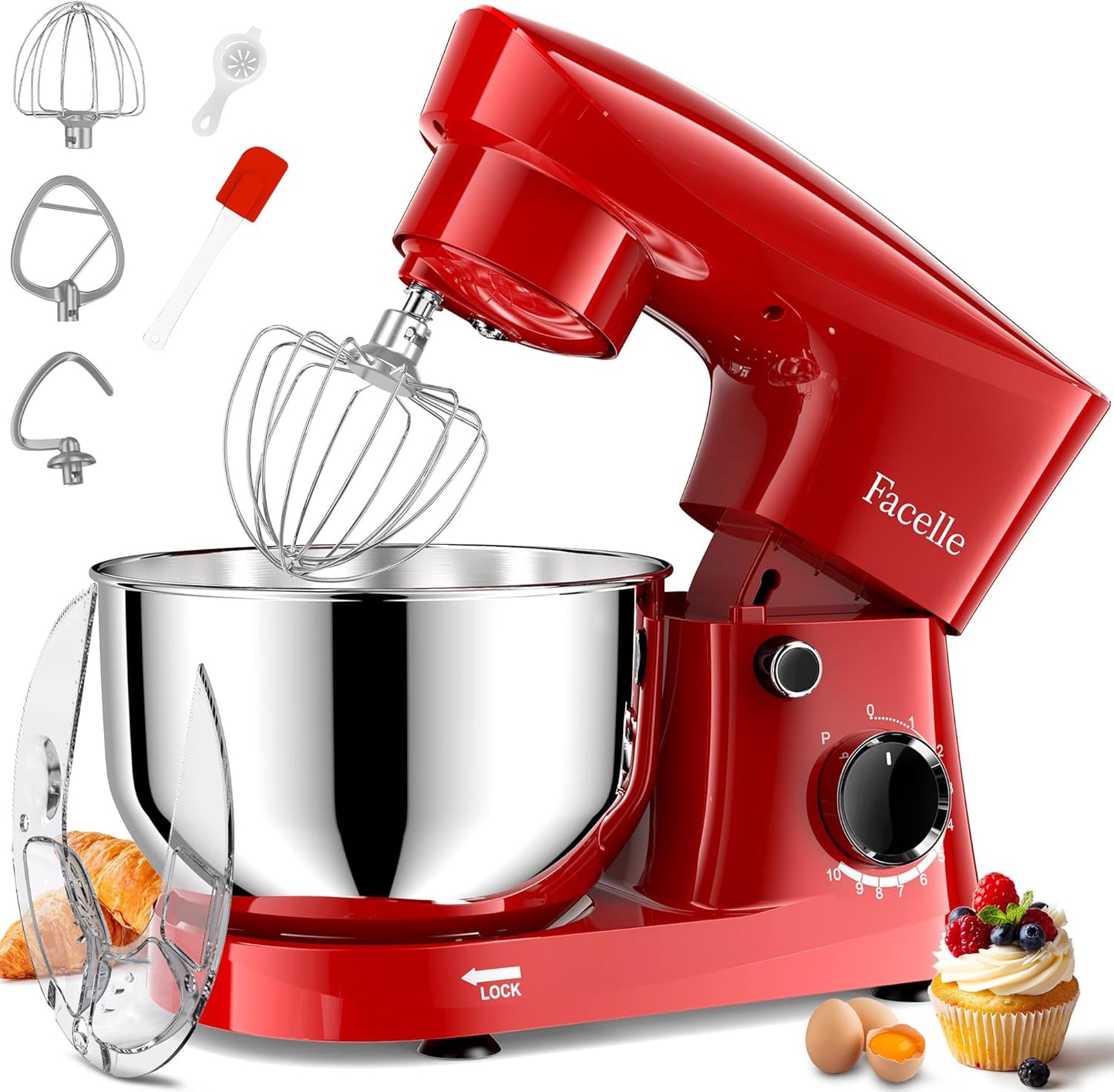 Facelle Stand Mixer, 10-Speed 6QT Kitchen Electric Mixer, Tilt-Head Food Mixer with Beater, Dough Hook, Wire Whip and Egg Separator, scraper for Most Home Cooks - Red