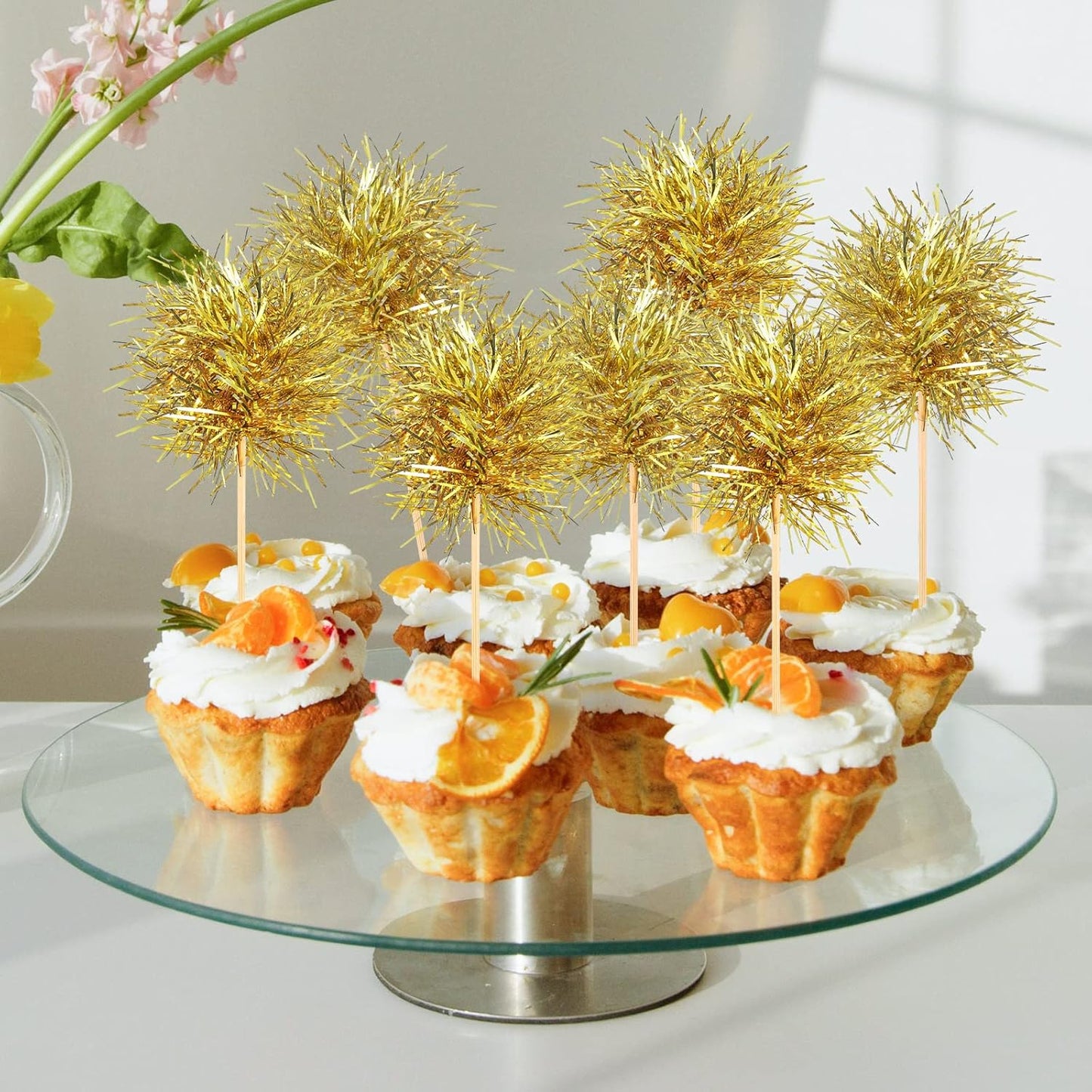 Chinco 100 Pcs Foil Firework Cupcake Toppers Sparkle Tinsel Cake Toppers Cake Decoration Cocktail Fruit Toothpick for Birthday Wedding Graduation Party(Gold)