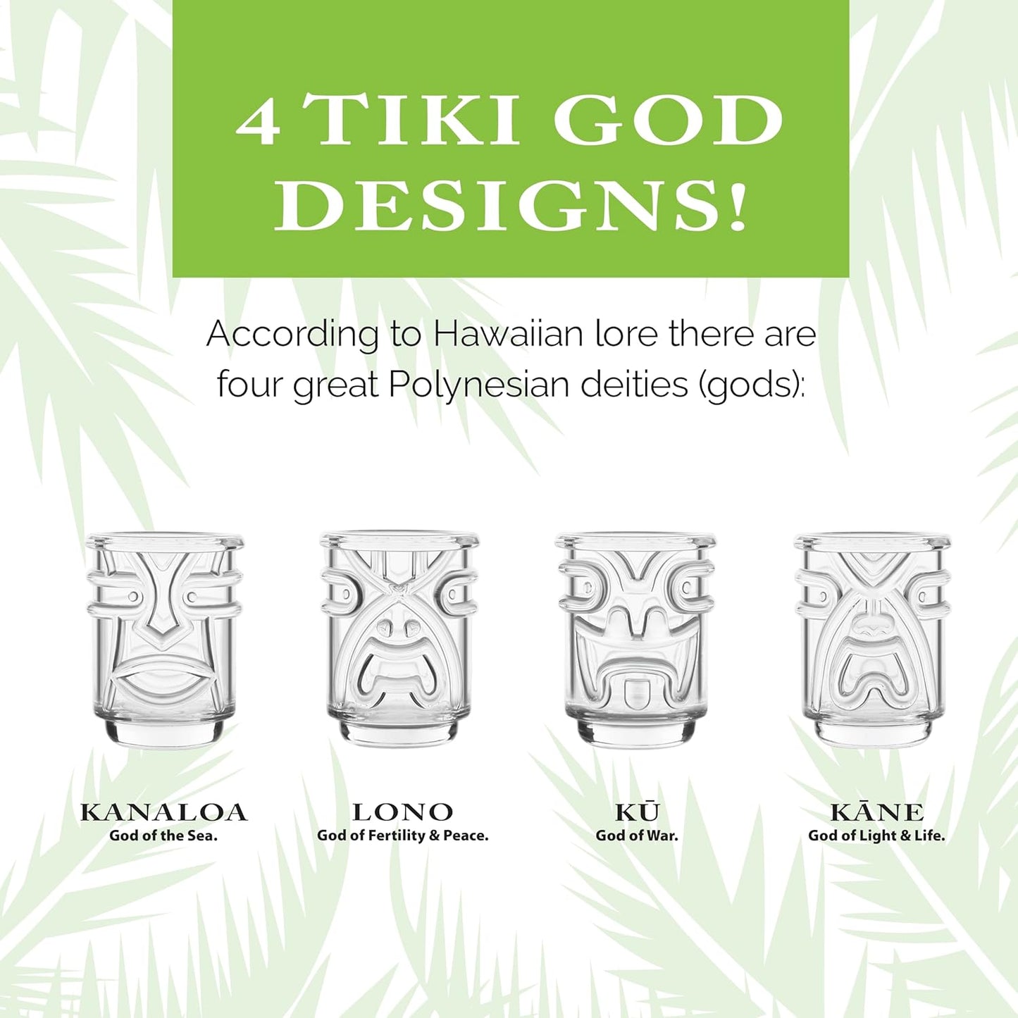 Final Touch Tiki Shot Glasses Set of 4 - Kanaloa, Lono, Kū, Kāne Designs, 2 oz (60 ml), Clear, Stackable Totem Pole Storage, Durable Glassware for Tropical Shots (TK5301)