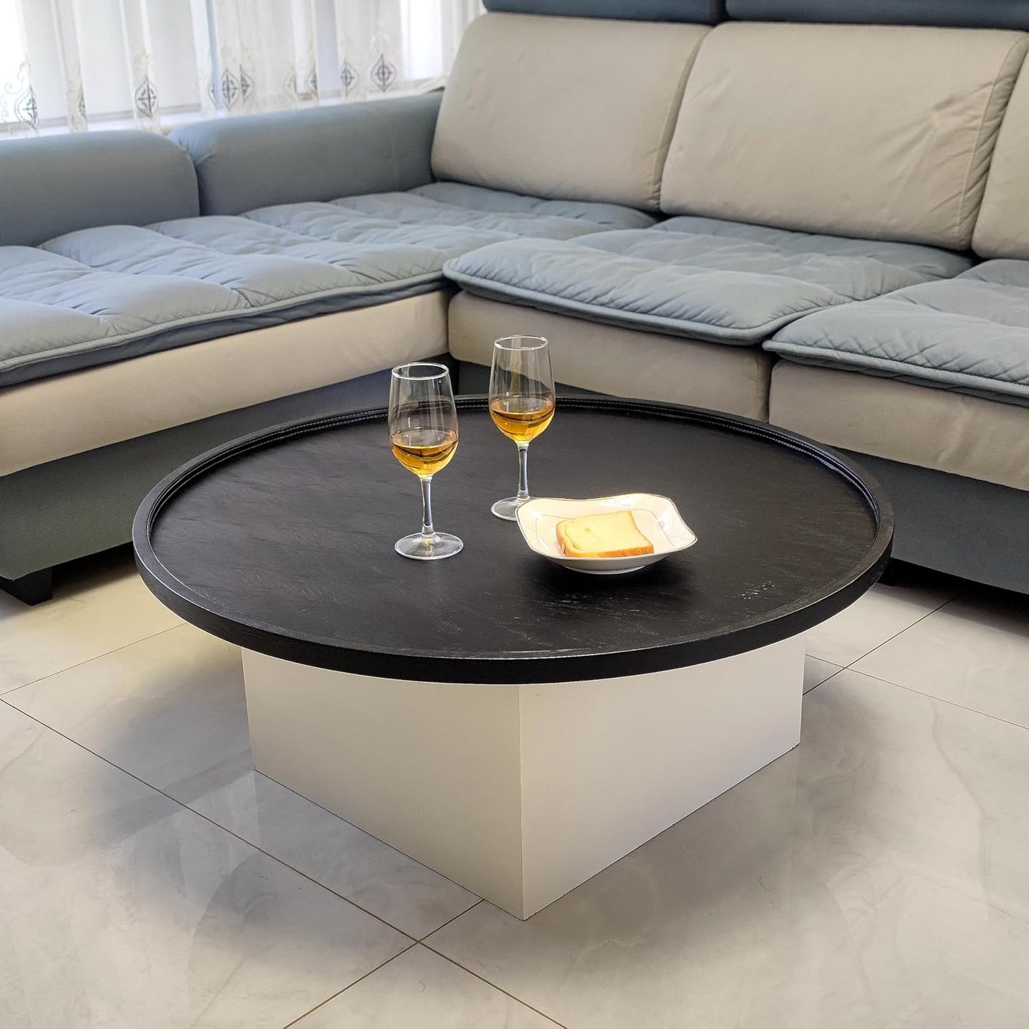 34 * 34 High-End Light Luxury Leather Round Oversized Tray - Ottoman Coffee Food Serving for Family Dinner, Outdoor Picnic & Party Essentials | Versatile Home Decor Tray (34 inch Black)