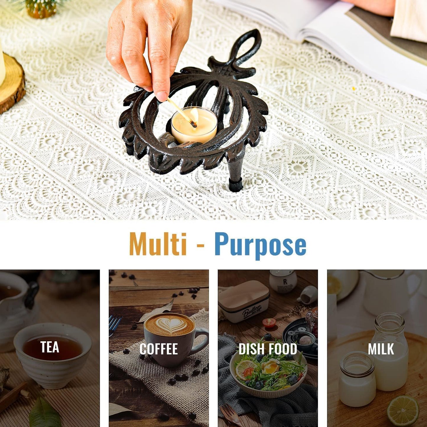 Sungmor Cast Iron Tealight Warmer with Pretty Flame Shape Design, Functional Table Trivet Candle Holder for Warm Dishes, Pots, Soups, Milks, Teas, Coffee, Great Heater for Melt Butter, Sealing Wax