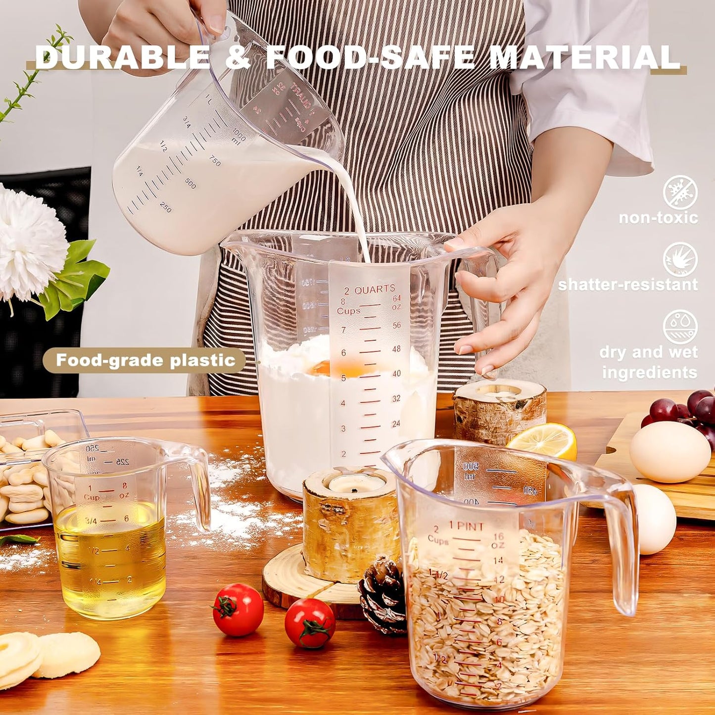 DaYammi Measuring Cups 4-Piece, Unbreakable Food-Grade Plastic Measuring Cup for Dishwasher, 1/2/4/8-Cup Nesting Liquid Measuring Cups for Prepping, Baking, Cooking, Readable Markings, Clear