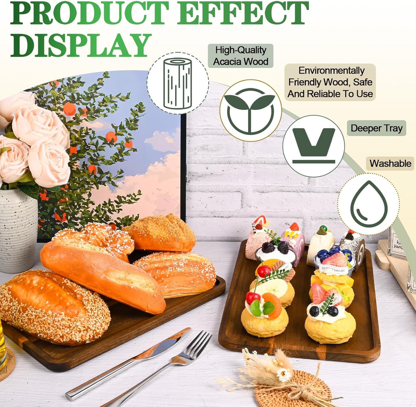 2 Pcs Acacia Wood Serving Tray, Charcuterie Boards Rectangular Wooden Platter, Large Serving Tray Wood Kitchen Display Tray for Food, Cookie, Dessert, Fruit, Snack, Vegetable, 13" x 9" x 0.6"