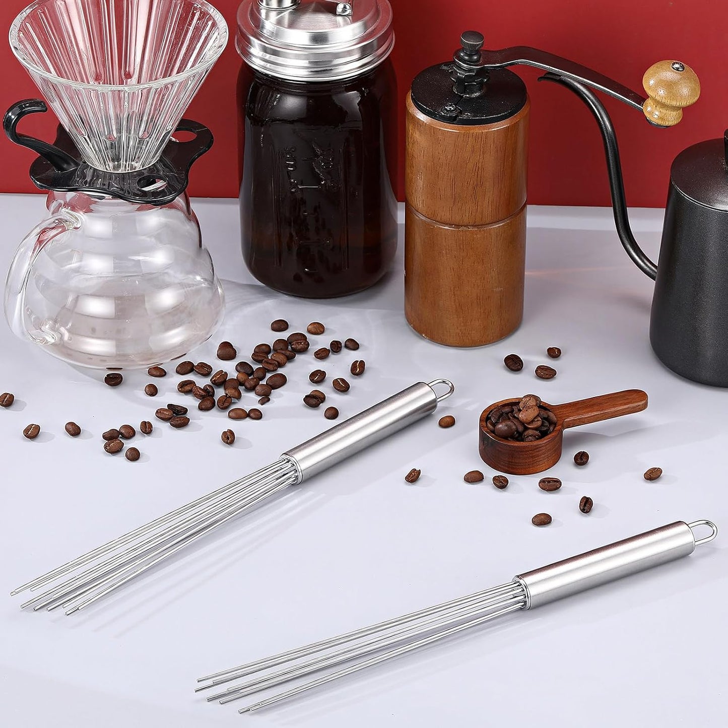 Baderke 2 Pcs Espresso Whisk 11.5 Inch Long Handle Barista Whisk 10 Needles 2 mm Stainless Steel Coffee Stirrer Tool Efficient Mixing Time Saving Reduction Clumping Ideal for Commercial Home