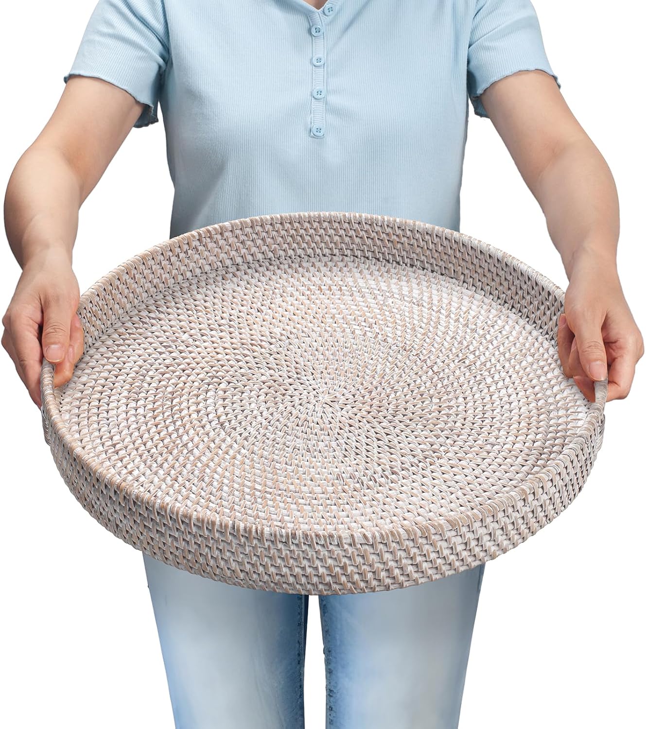 16.9 inch Round Rattan Tray, Woven Large Serving Tray with Handles, Wicker Serving Basket, Coffee Table Decor for Living Room, Whitewash