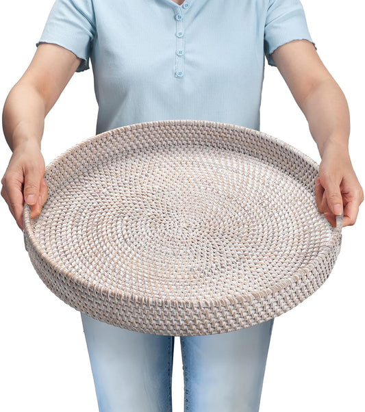 16.9 inch Round Rattan Tray, Woven Large Serving Tray with Handles, Wicker Serving Basket, Coffee Table Decor for Living Room, Whitewash
