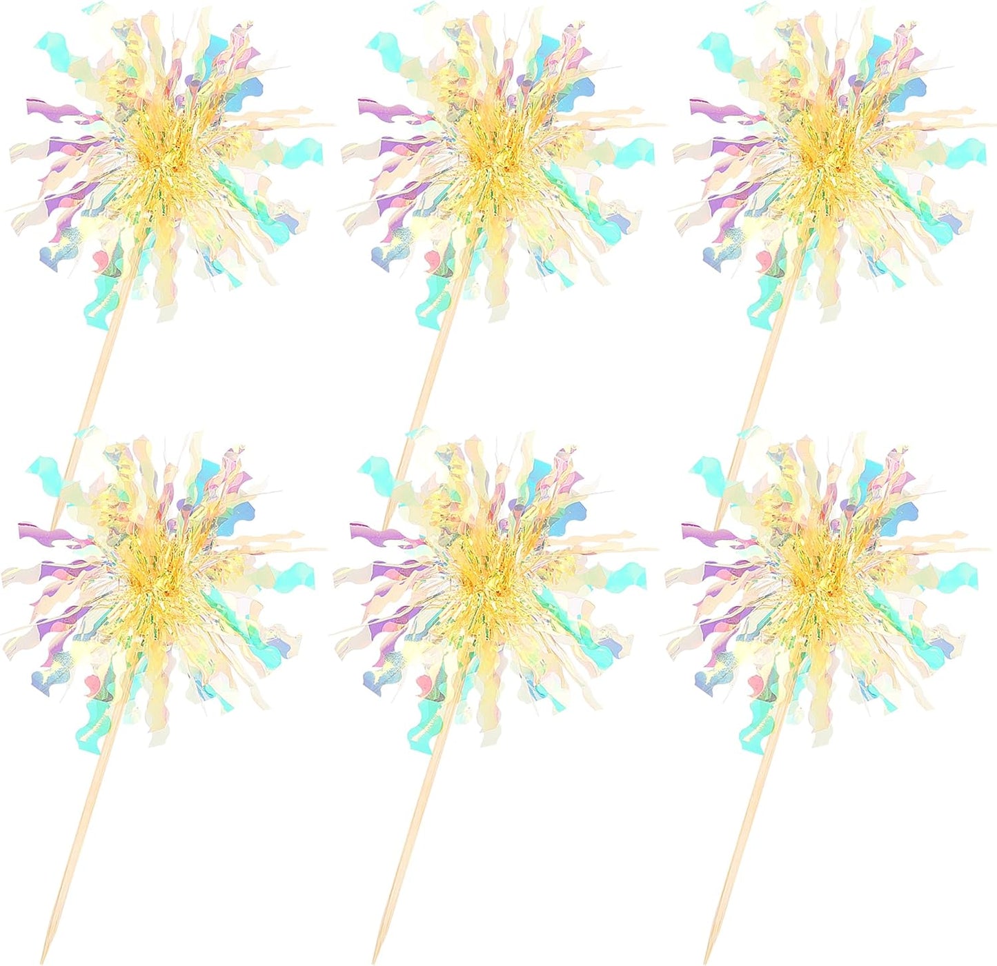 30 PCS Foil Firework Cupcake Toppers Sparkle Tinsel Cupcake Picks Happy Birthday Cake Decorations Drink Stirrers Cocktail Food Fruit Toothpicks for Baby Shower Graduation Party Supplies Yellow