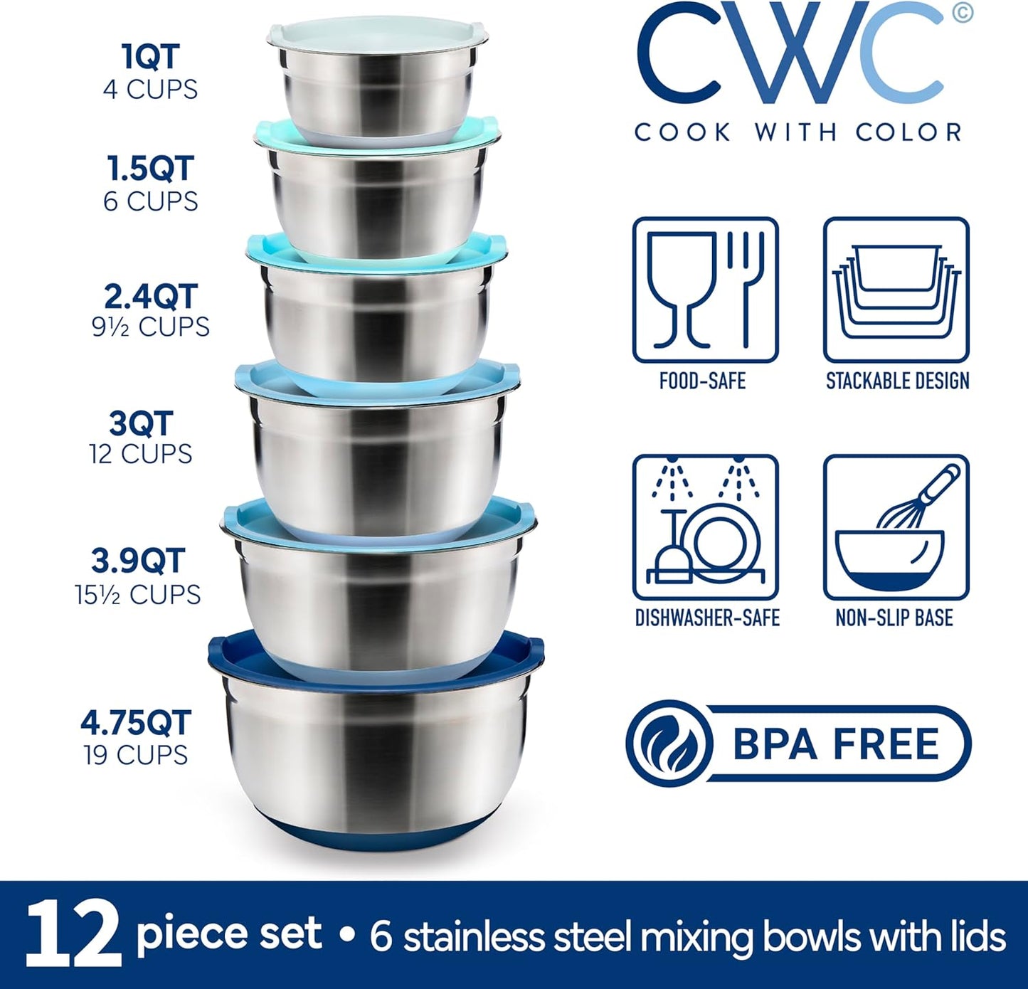 COOK WITH COLOR Stainless Steel Mixing Bowls Set with Lids - Nesting Bowls with Non-Slip Bottom, Blue, 12 Pieces