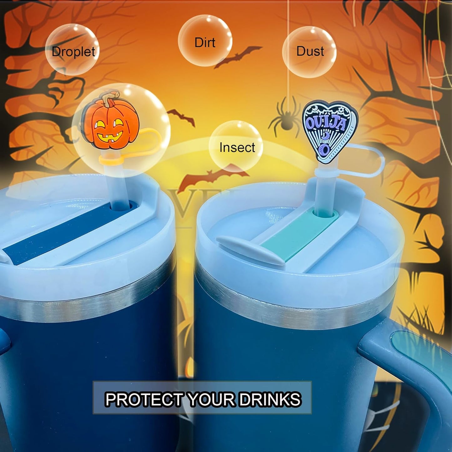 16PCS Halloween Straw Toppers for Stanley Cup, Cute Silicone Skull Ghost Straw Covers Cap Compatible with 30&40oz Tumbler with Handle,10mm 0.4in Dust-Proof Reusable Tips Lids for Halloween Gifts