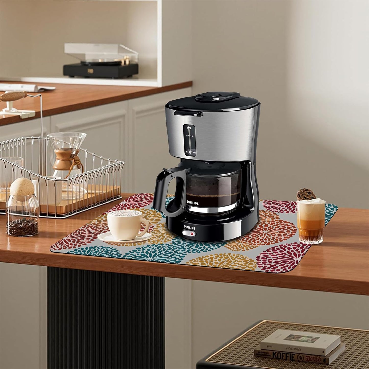 Abstract Floral Elements Dish Drying Mat Artifical Floral Kitchen Mat 12"x19" Bsorbent Coffee Maker Mat for Dishes,Utensils Coffee Maker Pots and Pans Easy Clean Dish Slip Resistant Pad