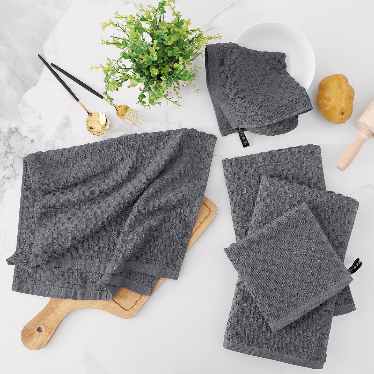 Fintale 100% Cotton Kitchen Towels and Dishcloths Set, 12 x 12 & 15 x 25 Inches, Set of 10 Bulk Super Soft and Absorbent Terry Cloth Dish Towels, Quick Drying Hand Towels with Hanging Loop, Dark Grey
