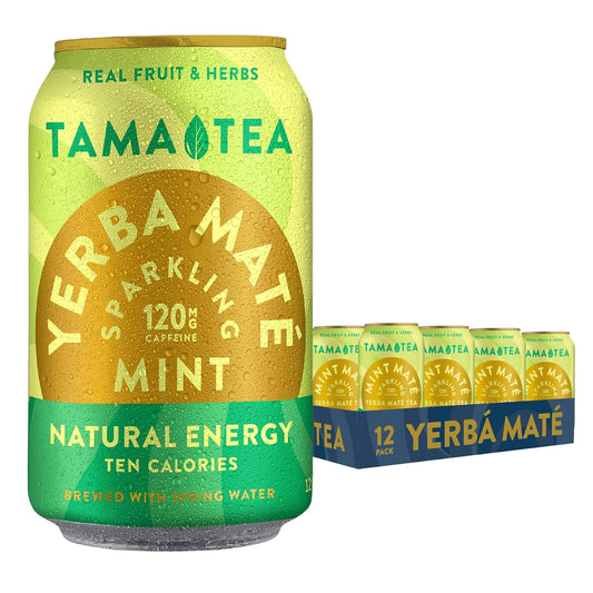 Sparkling Mint Yerba Mate by Tama Tea - Unsweetened Natural Energy Drink with Real Fruit & Herbs - Healthy Caffeine Drink Alternative - 120mg of Brain-Boosting Caffeine, 10 Calories - 12oz Pack of 12