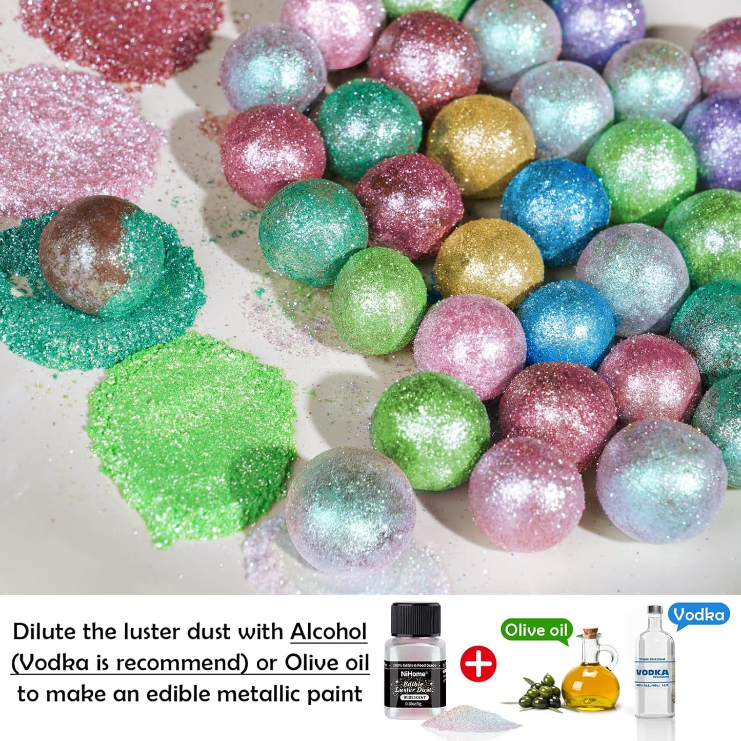 NiHome Edible Food-Grade Glimmer Powder Glitter Luster Dust Metallic Food Decorating Sprinkle Glimmery Dust for Drink Wine Beverage Cake Candy Dessert Bakery Restaurant Vegan (0.18oz/5g, Iridescent)