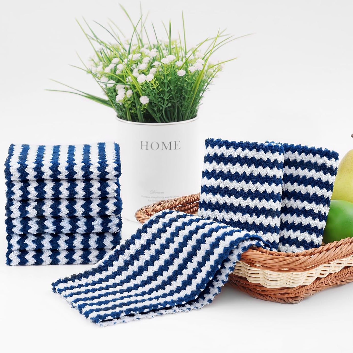 Homaxy 18 Pack Kitchen Dish Cloths, Ultra Soft and Absorbent Dish Towels, Reusable Fast Drying Microfiber Cleaning Cloth, Coral Velvet Wave Design No-lint, 10 x 10 inches, Navy Blue