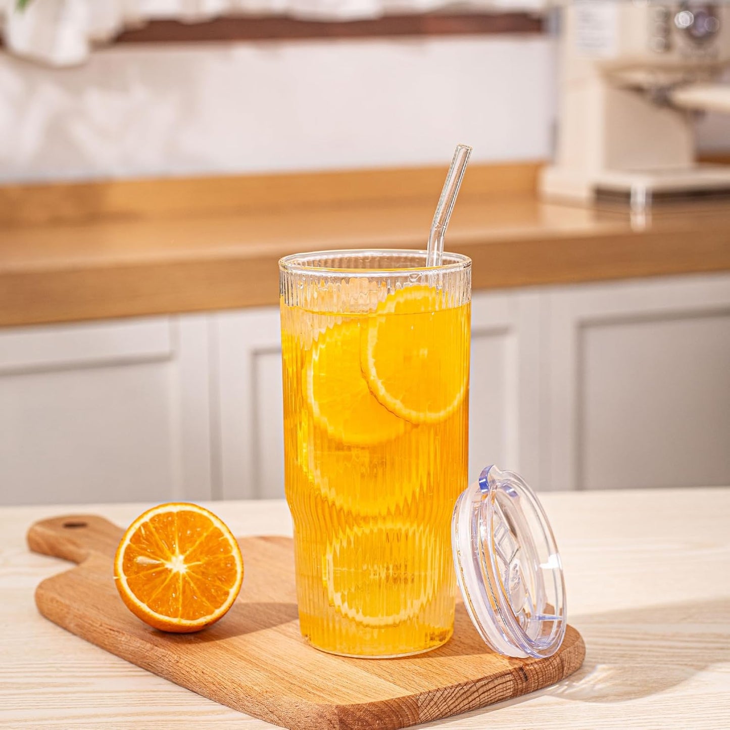 24oz Glass Tumblers with Lids and Straws 2PCS Ribbed Ice Coffee Glass Cups, Clear Thick Wall Water Iced Coffee Tumbler with Straw and Lid for Cold Beverages