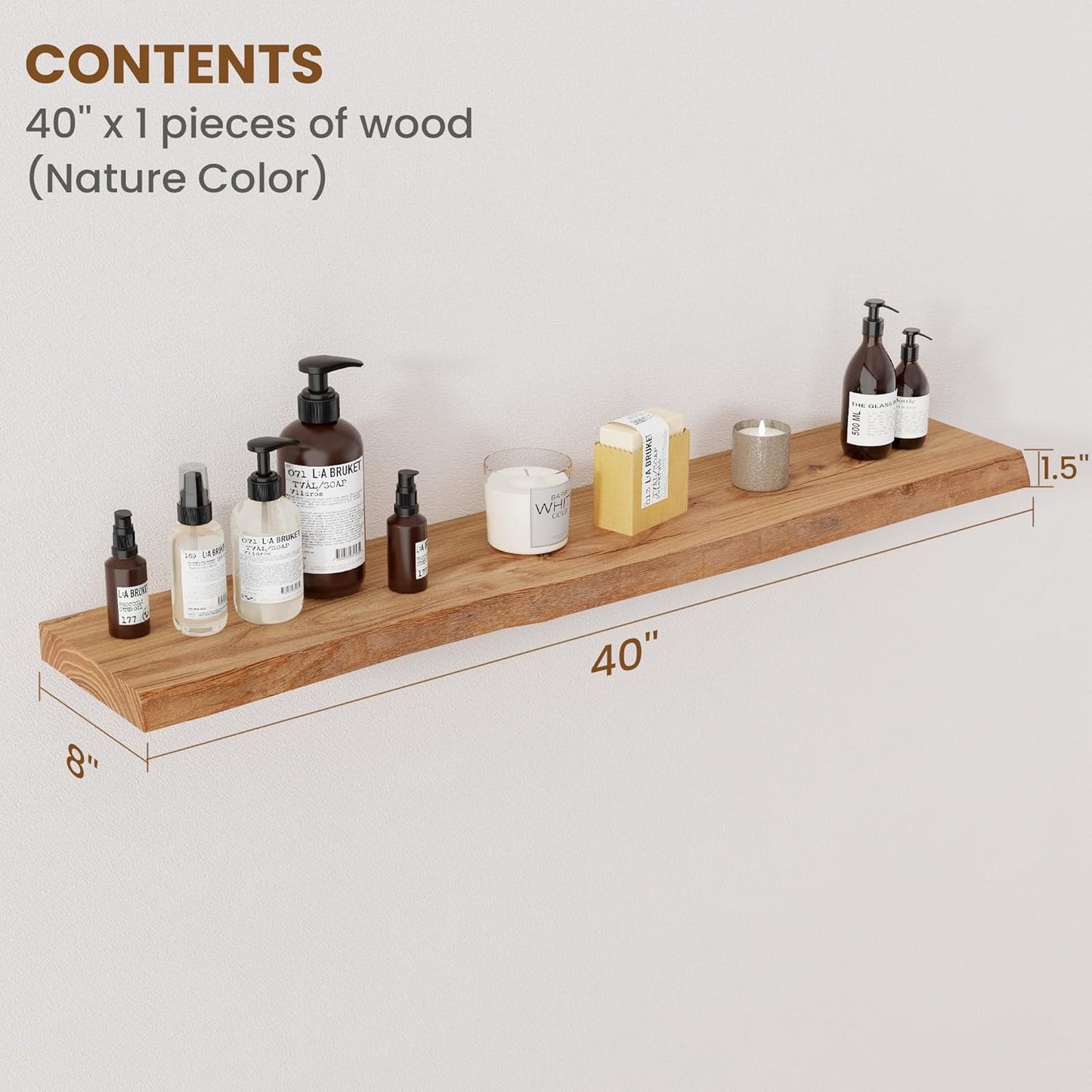 Floating Shelves for Wall Decor, Rustic Solid Elm Wood Live Edge Floating Shelves Wall Mounted, Wall Shelves with Invisible Bracket for Living Room Bathroom Bedroom Kitchen, 40 Inch Set of 1, Natural