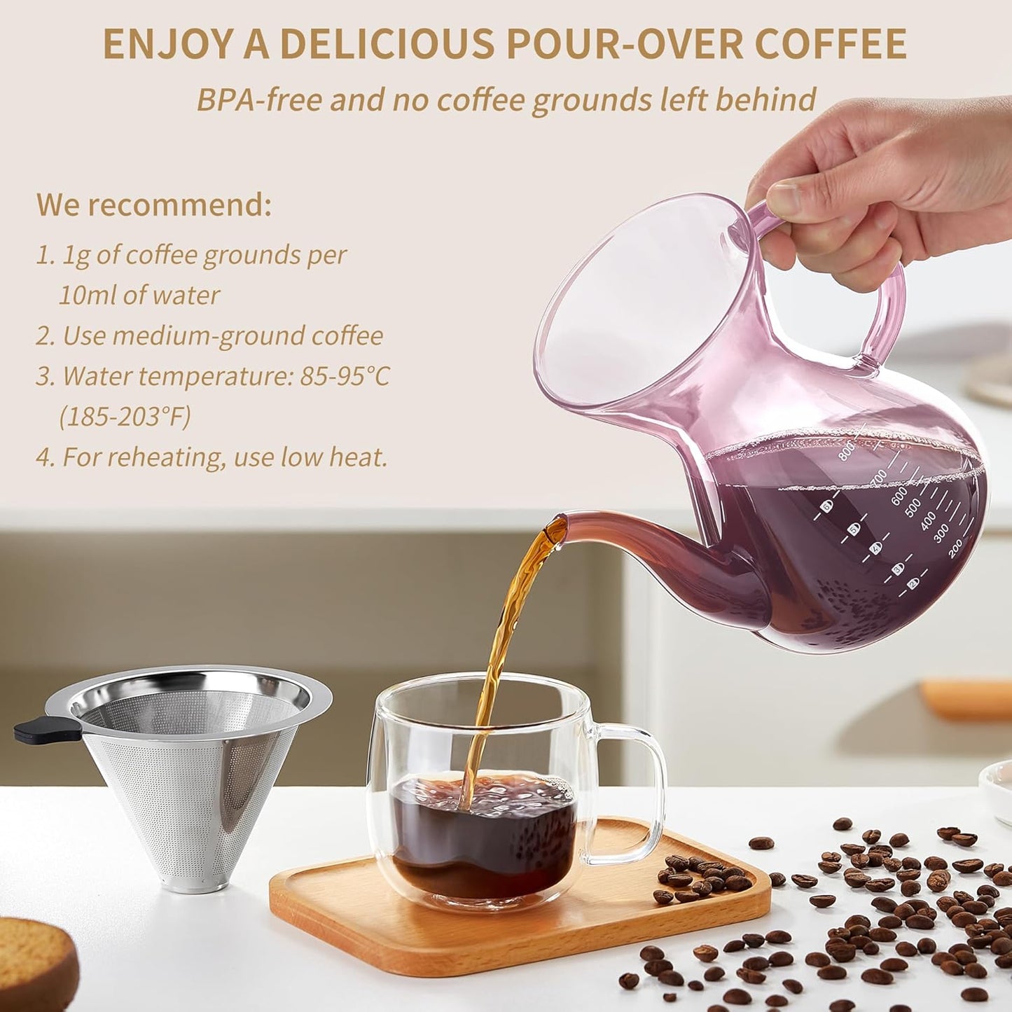 Unbreakable - Pour Over Coffee Maker with Double Stainless Filter 34 fl oz, Thickened Heat-Resistant Borosilicate Glass Pour Over Coffee Dripper, Stovetop Safe