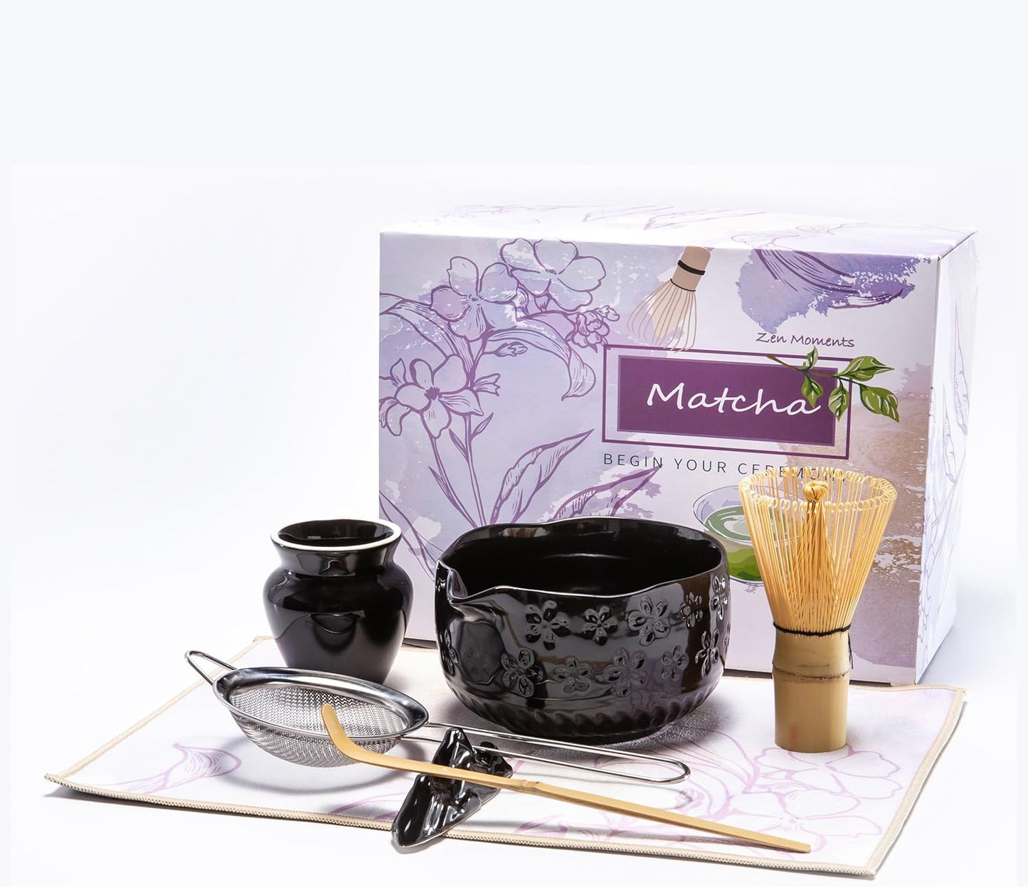 Matcha Whisk Set - Traditional Japanese Handmade Bamboo Matcha Whisk and Holder, Matcha Bowl,Bamboo Scoop, Scoop Rest, Sifter and Tea Towel (Black)