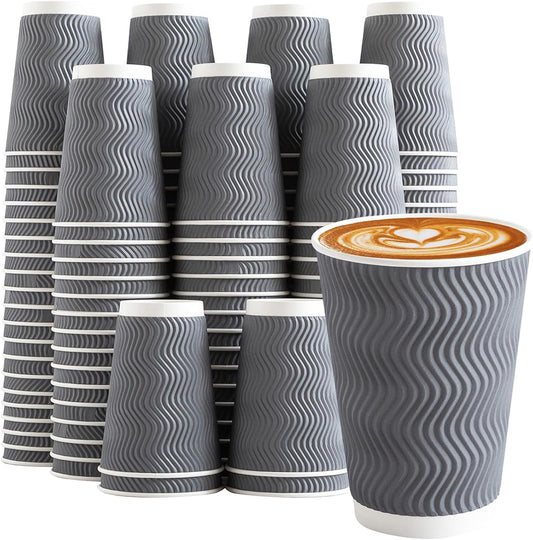 Coffee Cups 12 oz 120 Pack, Corrugated Insulated Ripple Wall Disposable Paper Coffee Cups 12oz, To Go for Hot Beverage or Cold Drinks Office/Home/Cafe/Party/Travel (Gray)