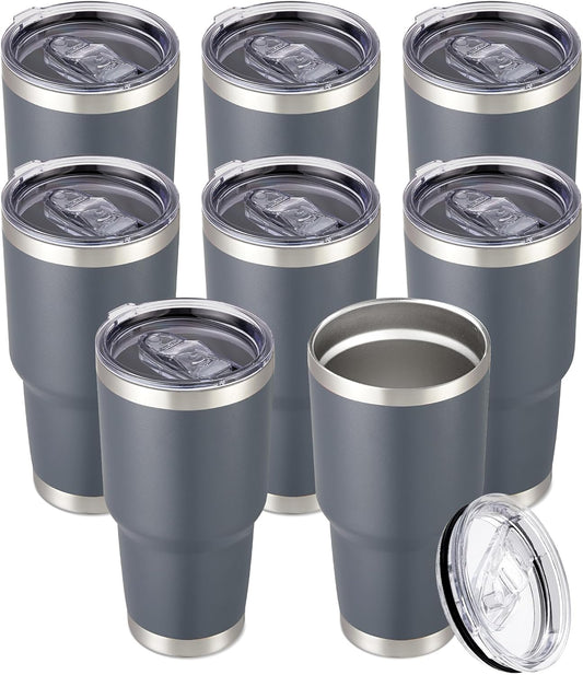 30 oz Tumbler with Lid Stainless Steel Tumblers Bulk Vacuum Insulated Cup Reusable Powder Coated Travel Mug Double Wall Leak Proof Cups Keep Cold Drinks for 12 Hours Gray, Set of 8