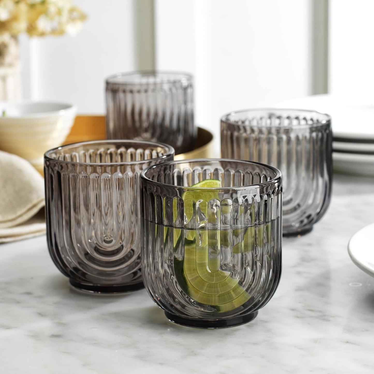 Glaver's Double Old Fashioned Rock Glasses, Set of 4 Smoke Black Whiskey Glasses, 11 oz Art Deco U-Shape Design Embossed Everyday Home Bar Glassware. Art Deco Elegant Kitchen Drinking Glasses.