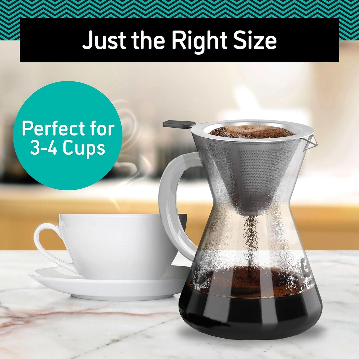 Coffee Gator Pour Over Coffee Maker - 14oz High Heat Borosilicate Glass with Reusable Stainless Steel Filter, Drip Coffee Brewer Pourover Dripper Set Carafe, 400ml Clear