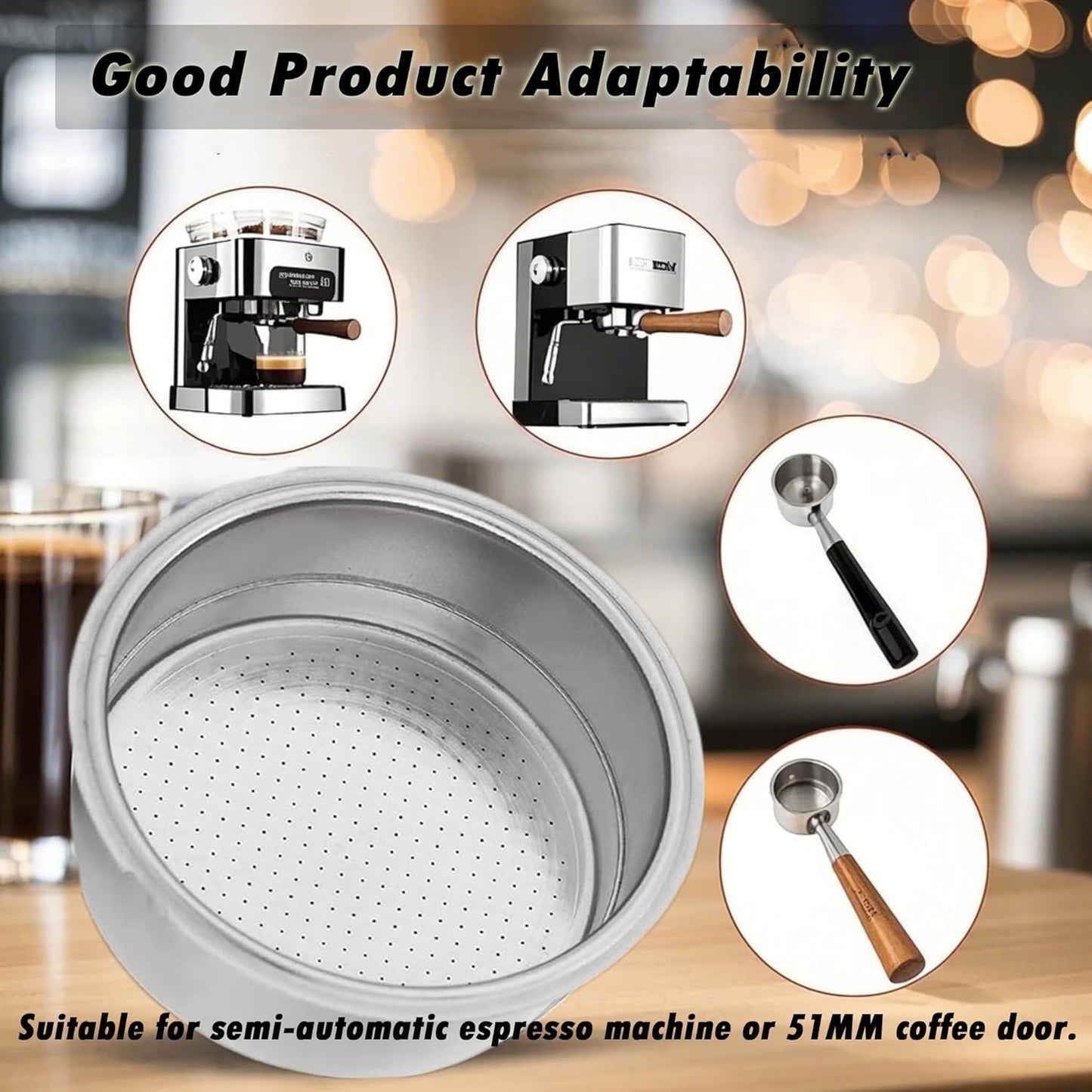 51mm Stainless Steel Coffee Filter Double Layer Filter Basket Stainless Steel Portafilter Basket Espresso Handle Compatible for Portafilter Coffee Machine(Double Cup)