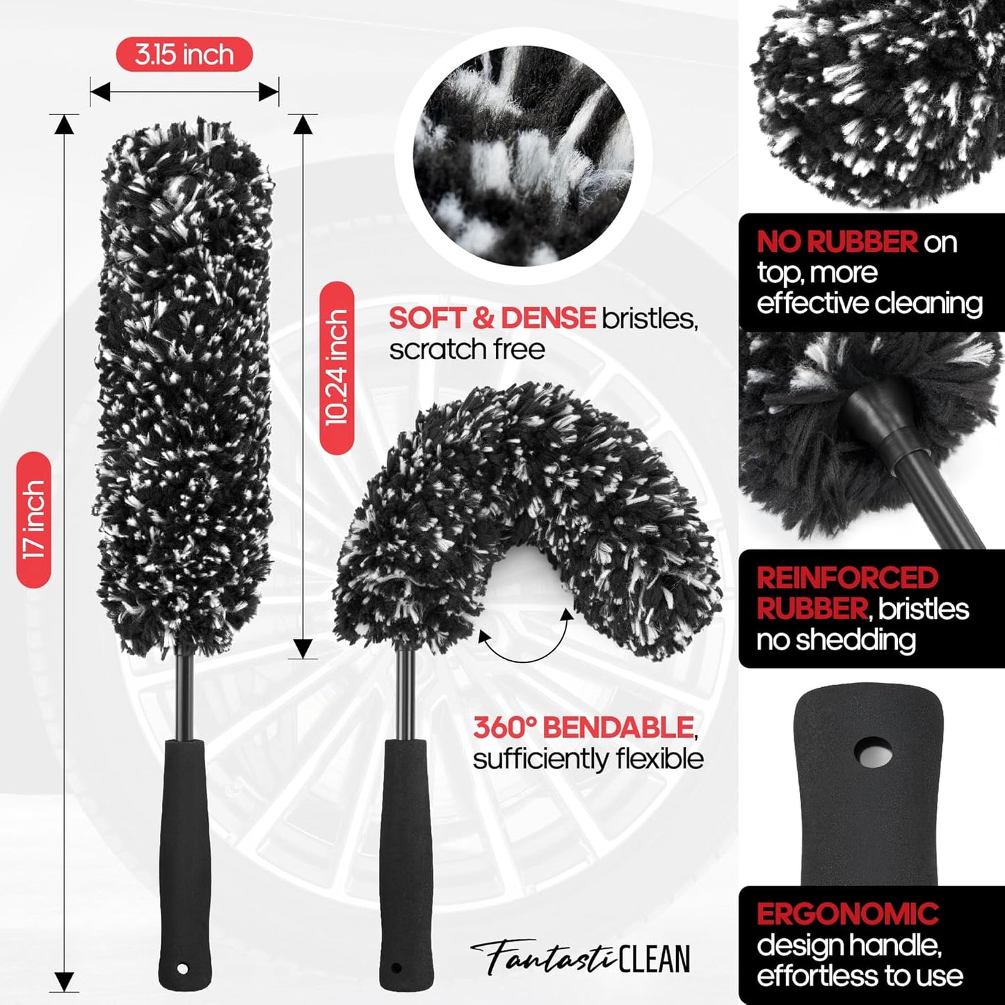 Fantasticlean 7PCS Car Wheel Brush Kit, Tire Brush, Soft-bristled Rim Brush, Scratch-Free Chenille Tape, Microfiber Bendable Brush, Curved Detailing Brush with Elbow Connector, Detailing Pads
